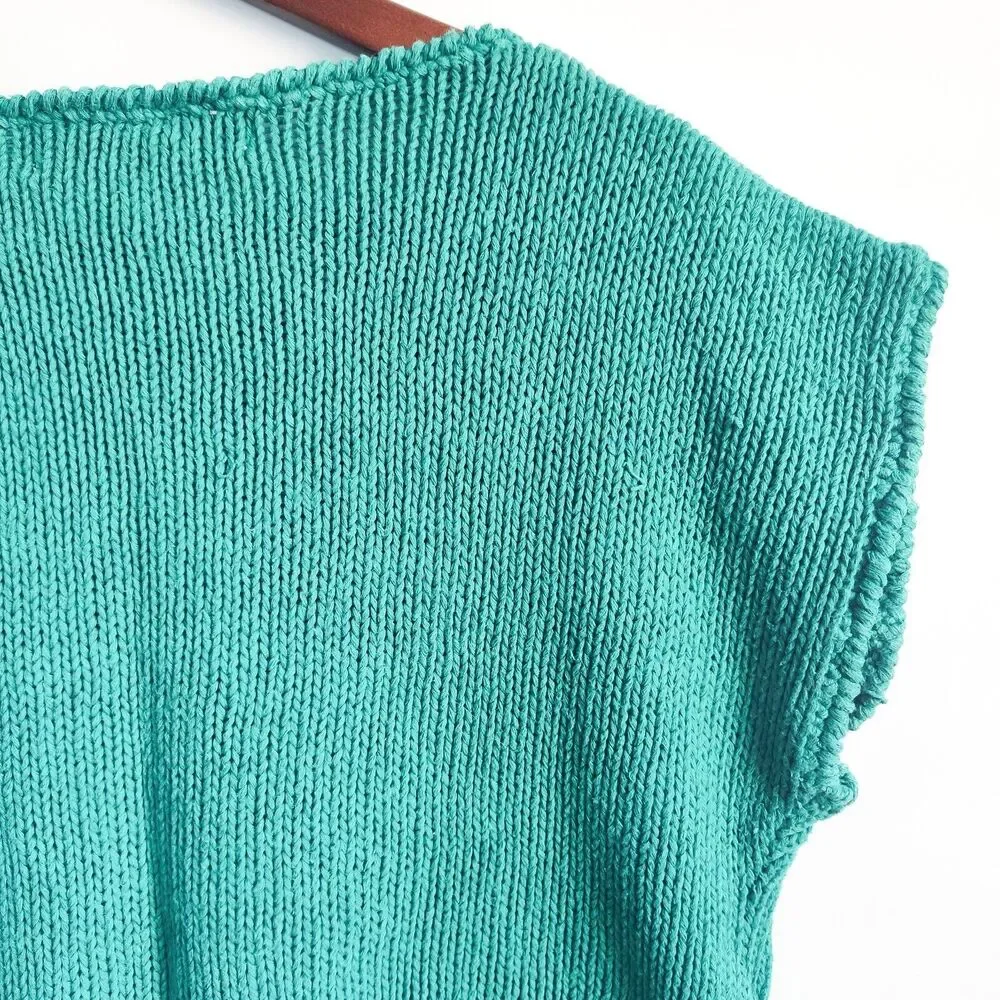 Chaus Sweater Linen Cotton 90s Medium Knit Sleeveless Floral Womens Green Vtg
